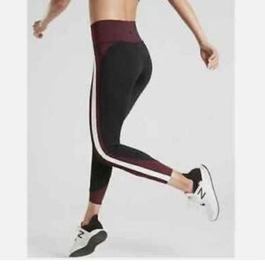 Athleta small Crunch 7/8” Tight Leggings black with white & maroon side stripes